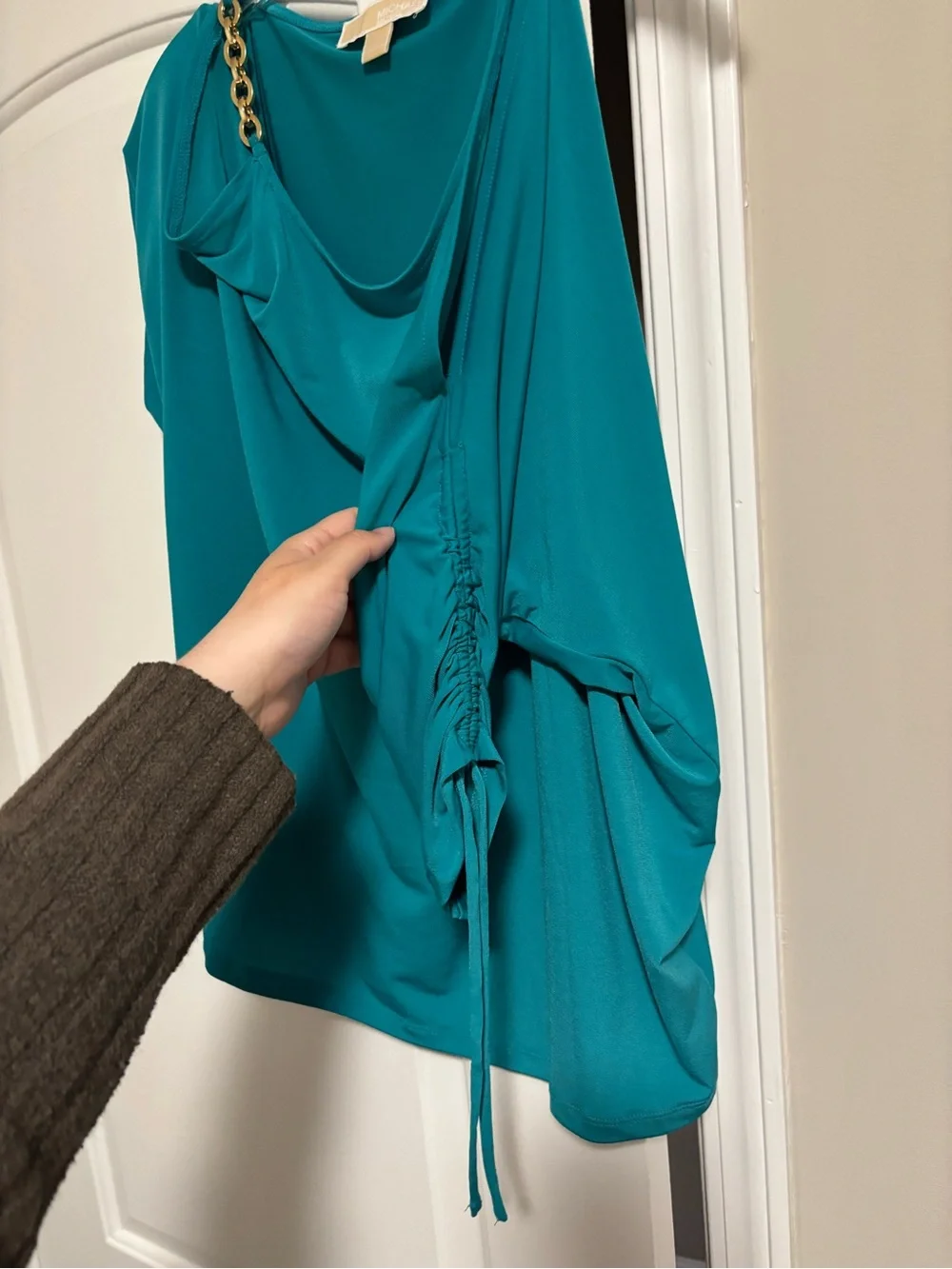 MICHAEL KORS, Teal Chain-Strap Draped Women's Top, Size Large